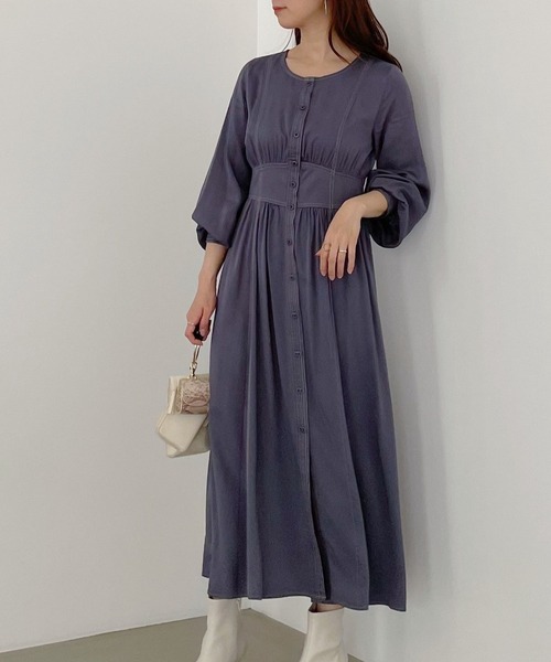 mysty woman（ミスティウーマン）の「ステッチパフワンピース 267035（ワンピース・レディース・ベージュ/ネイビー/グレー・FREE）」の3枚目の写真