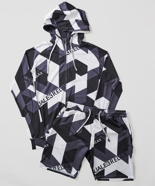 1piu1uguale3 RELAX（ウノピュウノウグァーレトレリラックス）の「【1PIU1UGUALE3 RELAX】GEOMETRIC RASH GUARD SHORTS / ラッシュガードショーツ（ラッシュガード・メンズ・ブラック系1/サックスブルー系・MEDIUM/X-LARGE/LARGE）」の6枚目の写真