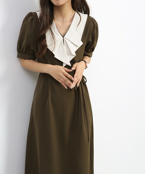 MAISON DE THERESE（メゾン ド テレーズ）の「フレンチVネックバイカラーワンピース（ワンピース・レディース・カーキ/ブラック・MEDIUM/SMALL/LARGE）」の2枚目の写真