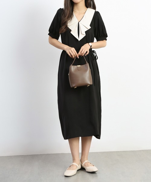 MAISON DE THERESE（メゾン ド テレーズ）の「フレンチVネックバイカラーワンピース（ワンピース・レディース・カーキ/ブラック・MEDIUM/SMALL/LARGE）」の7枚目の写真