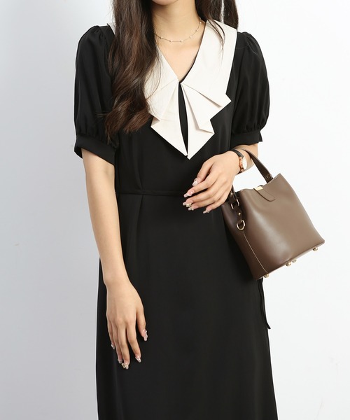 MAISON DE THERESE（メゾン ド テレーズ）の「フレンチVネックバイカラーワンピース（ワンピース・レディース・カーキ/ブラック・MEDIUM/SMALL/LARGE）」の6枚目の写真
