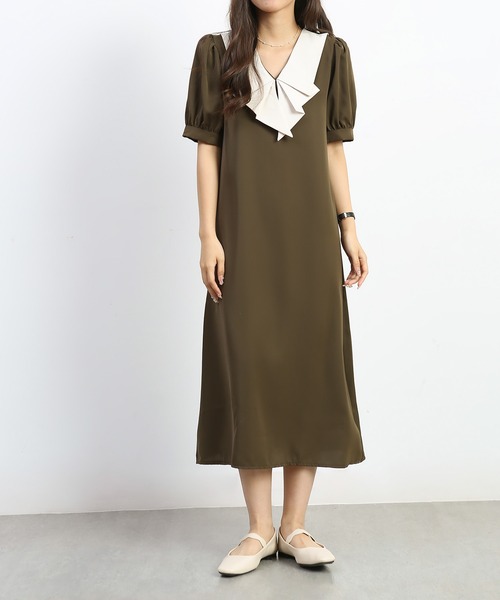 MAISON DE THERESE（メゾン ド テレーズ）の「フレンチVネックバイカラーワンピース（ワンピース・レディース・カーキ/ブラック・MEDIUM/SMALL/LARGE）」の13枚目の写真