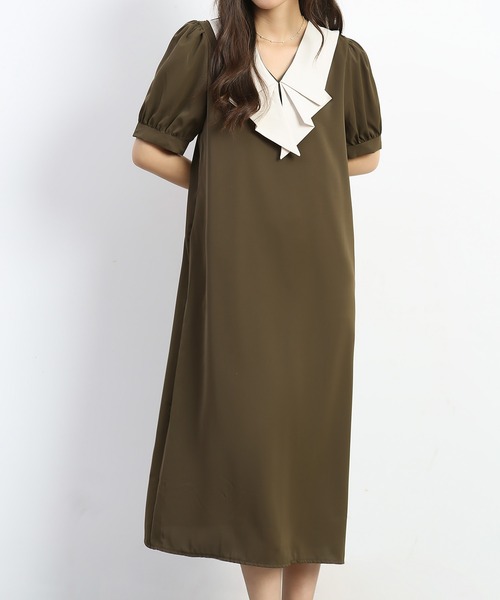 MAISON DE THERESE（メゾン ド テレーズ）の「フレンチVネックバイカラーワンピース（ワンピース・レディース・カーキ/ブラック・MEDIUM/SMALL/LARGE）」の9枚目の写真