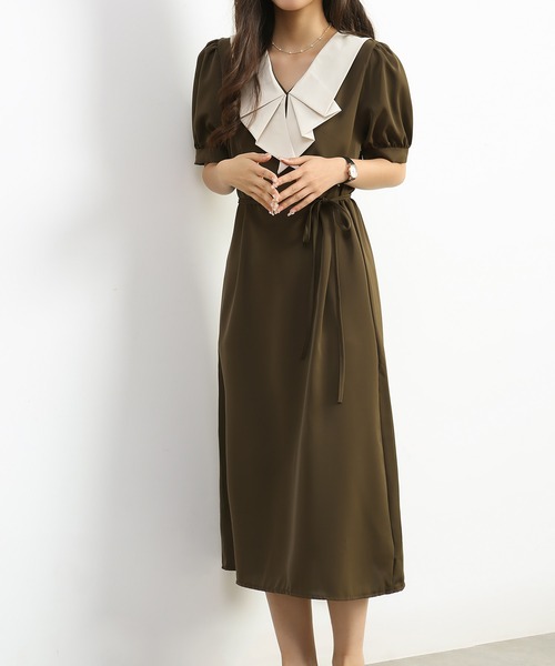 MAISON DE THERESE（メゾン ド テレーズ）の「フレンチVネックバイカラーワンピース（ワンピース・レディース・カーキ/ブラック・MEDIUM/SMALL/LARGE）」の10枚目の写真