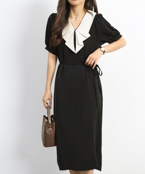 MAISON DE THERESE（メゾン ド テレーズ）の「フレンチVネックバイカラーワンピース（ワンピース・レディース・カーキ/ブラック・MEDIUM/SMALL/LARGE）」の5枚目の写真
