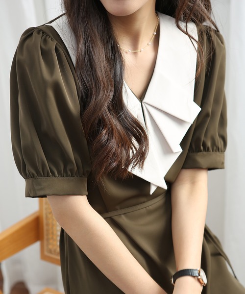 MAISON DE THERESE（メゾン ド テレーズ）の「フレンチVネックバイカラーワンピース（ワンピース・レディース・カーキ/ブラック・MEDIUM/SMALL/LARGE）」の12枚目の写真