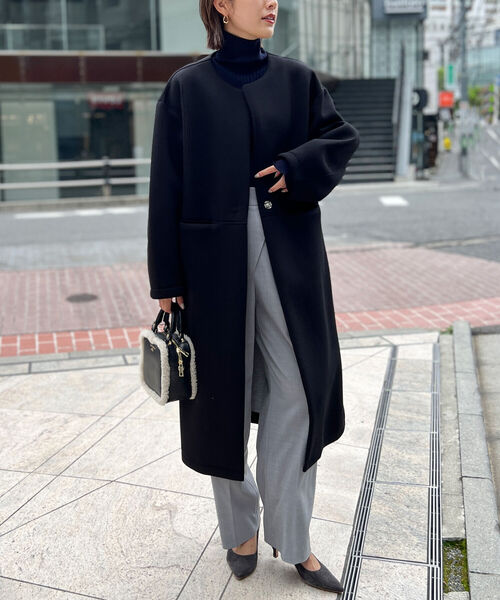 NOLLEY’S(ノーリーズ)の「◇【WEB限定】ダンボールノーカラーコート(その他アウター・レディース・ベージュ/ブラック/イエロー・FREE)」の2枚目の写真