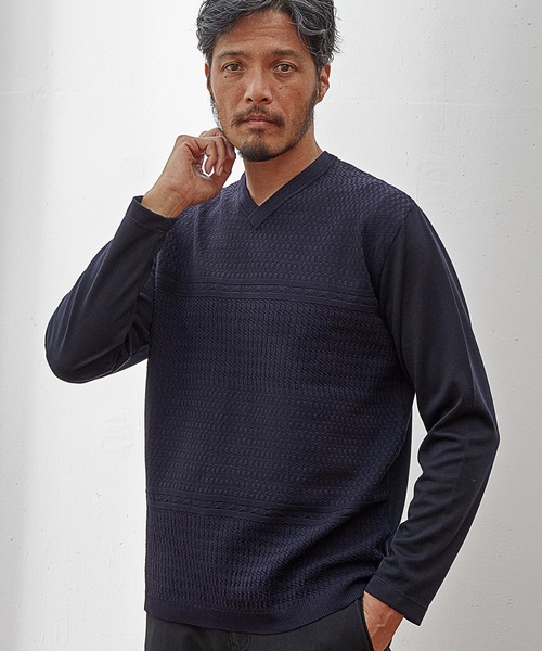 UNION STATION（ユニオンステーション）の「【EFFORTLESS】シルケットスムース×ジャガードニット切り替えVネックロンTEE（Tシャツ/カットソー・メンズ・ブラック/ネイビー/オフホワイト・LL/M/L）」の3枚目の写真