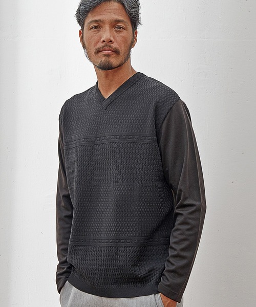 UNION STATION（ユニオンステーション）の「【EFFORTLESS】シルケットスムース×ジャガードニット切り替えVネックロンTEE（Tシャツ/カットソー・メンズ・ブラック/ネイビー/オフホワイト・LL/M/L）」の2枚目の写真