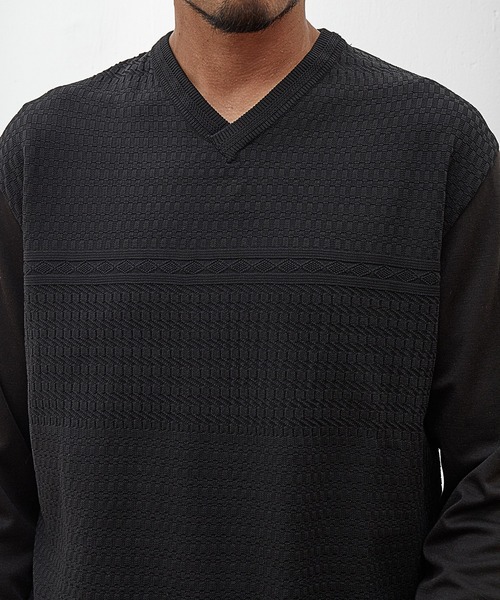 UNION STATION（ユニオンステーション）の「【EFFORTLESS】シルケットスムース×ジャガードニット切り替えVネックロンTEE（Tシャツ/カットソー・メンズ・ブラック/ネイビー/オフホワイト・LL/M/L）」の6枚目の写真