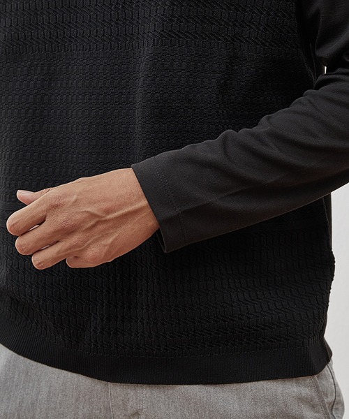 UNION STATION（ユニオンステーション）の「【EFFORTLESS】シルケットスムース×ジャガードニット切り替えVネックロンTEE（Tシャツ/カットソー・メンズ・ブラック/ネイビー/オフホワイト・LL/M/L）」の7枚目の写真