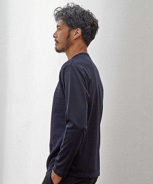 UNION STATION（ユニオンステーション）の「【EFFORTLESS】シルケットスムース×ジャガードニット切り替えVネックロンTEE（Tシャツ/カットソー・メンズ・ブラック/ネイビー/オフホワイト・LL/M/L）」の8枚目の写真