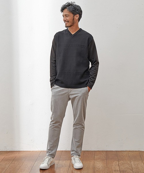 UNION STATION（ユニオンステーション）の「【EFFORTLESS】シルケットスムース×ジャガードニット切り替えVネックロンTEE（Tシャツ/カットソー・メンズ・ブラック/ネイビー/オフホワイト・LL/M/L）」の10枚目の写真