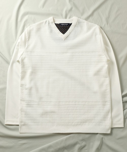 UNION STATION（ユニオンステーション）の「【EFFORTLESS】シルケットスムース×ジャガードニット切り替えVネックロンTEE（Tシャツ/カットソー・メンズ・ブラック/ネイビー/オフホワイト・LL/M/L）」の20枚目の写真