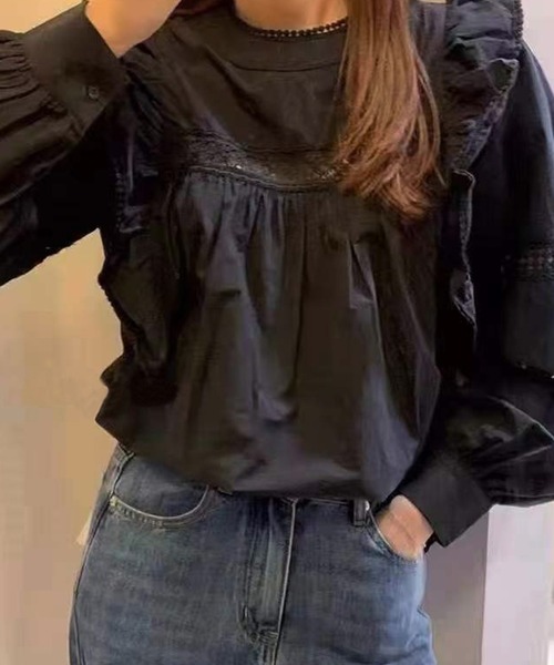 DAY CLOSET(デイ クローゼット)の「レディース 長袖カットワークフリル切り替えブラウス(シャツ/ブラウス・レディース・ホワイト/ブラック/グレイッシュベージュ・ONE SIZE)」の3枚目の写真