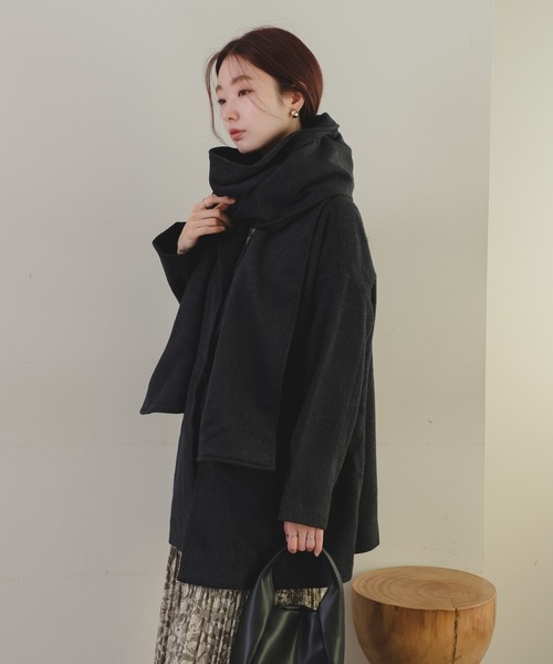 Kastane（カスタネ）の「B ノーカラーミドルコートストールSET（ノーカラーコート・レディース・チャコールグレー/ブラウン・FREE）」の2枚目の写真