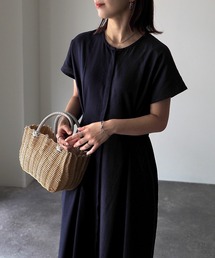 麻混インド綿ウエストタック比翼ワンピース