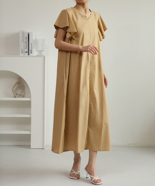 【90size】フリル袖ワンピース ラッフルカラーシャツワンピース フリル袖ワンピース フリル