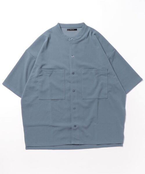 VIBGYOR(ヴィブジョー)の「【VIBGYOR BY AS】梨地BIG5分袖バンドカラーシャツ(BL)(Tシャツ/カットソー・メンズ・ブルー/グレイッシュベージュ/ブラック・LARGE/MEDIUM)」の1枚目の写真