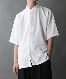 Polyester twill Drape Band Collar shirt/別注 比翼仕立て ドレープ バンドカラー 半袖 シャツ