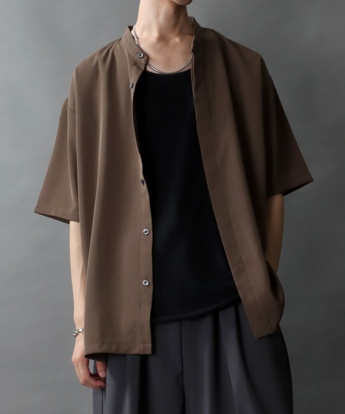 セール】Polyester twill Drape Band Collar shirt/別注 比翼仕立て
