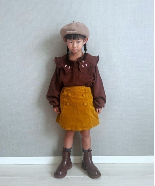 Moujonjon（ムージョンジョン）の「コーデュロイ３分丈スカート付パンツ（その他パンツ・キッズ・ブラウン/マスタード・130/110/120/100/90）」の7枚目の写真