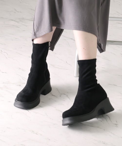 セール】ボリュームトゥ厚底ストレッチミドルブーツ（ブーツ