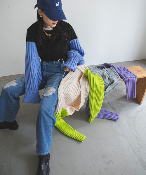 bohmal(ボマール)の「配色ダンボールニットボレロ(カーディガン/ボレロ・レディース・パープル/ライム/ブルー・FREE)」の8枚目の写真