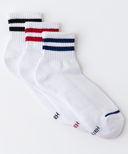 HANES（ヘインズ）の「【HANES/ヘインズ】3P　クォーターレングス　ラインソックス　抗菌防臭機能　ブランドロゴ　3足組（ソックス/靴下・メンズ・ブラック/ホワイト/グレー・MEDIUM）」の2枚目の写真