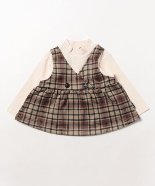 Moujonjon（ムージョンジョン）の「チェックレイヤード風チュニックトレーナー（スウェット・キッズ・ベージュ/オフホワイト・120/130/80/90/140/100/110）」の4枚目の写真