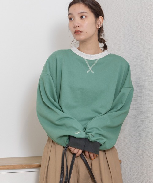 POU DOU DOU（プードゥドゥ）の「配色リブ裏毛クロップドプルオーバー（スウェット・レディース・オートミール/ダークグレー/グリーン・3）」の6枚目の写真