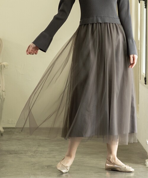 OPAQUE.CLIP(オペークドットクリップ)の「◆≪美人百花掲載≫ ニット×チュールドッキングワンピース【洗濯機洗い可】(ワンピース・レディース・ブラック/チャコールグレー/ナチュラル/ネイビー・36/38/40/42)」の7枚目の写真