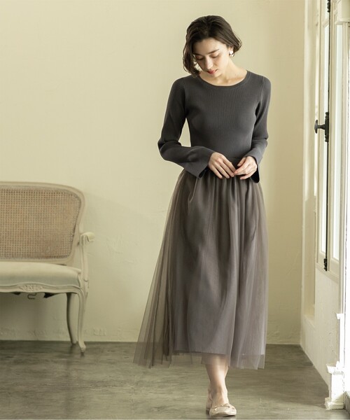 OPAQUE.CLIP(オペークドットクリップ)の「◆≪美人百花掲載≫ ニット×チュールドッキングワンピース【洗濯機洗い可】(ワンピース・レディース・ブラック/チャコールグレー/ナチュラル/ネイビー・36/38/40/42)」の9枚目の写真