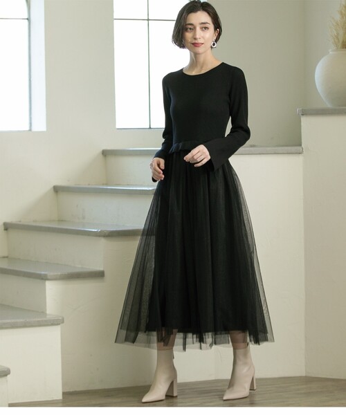 OPAQUE.CLIP(オペークドットクリップ)の「◆≪美人百花掲載≫ ニット×チュールドッキングワンピース【洗濯機洗い可】(ワンピース・レディース・ブラック/チャコールグレー/ナチュラル/ネイビー・36/38/40/42)」の14枚目の写真