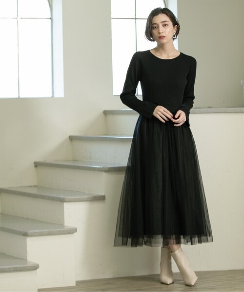 OPAQUE.CLIP(オペークドットクリップ)の「◆≪美人百花掲載≫ ニット×チュールドッキングワンピース【洗濯機洗い可】(ワンピース・レディース・ブラック/チャコールグレー/ナチュラル/ネイビー・36/38/40/42)」の15枚目の写真