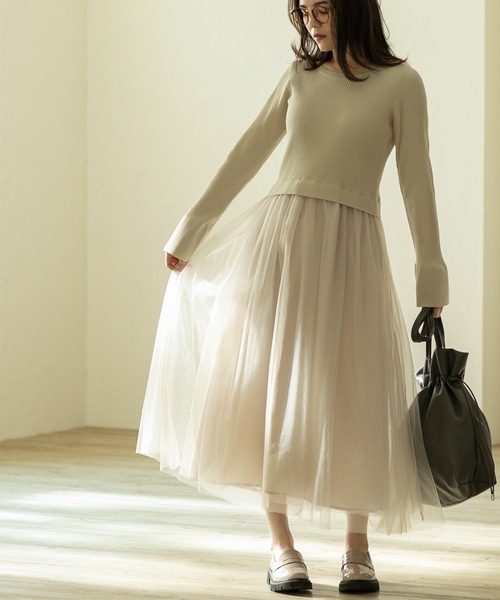 OPAQUE.CLIP(オペークドットクリップ)の「◆≪美人百花掲載≫ ニット×チュールドッキングワンピース【洗濯機洗い可】(ワンピース・レディース・ブラック/チャコールグレー/ナチュラル/ネイビー・36/38/40/42)」の3枚目の写真