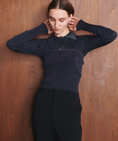 N.Natural Beauty Basic　長袖ポロニット　ラメリブポロニット N. Natural Beauty Basic*｜ラメリブポロニット《レッド