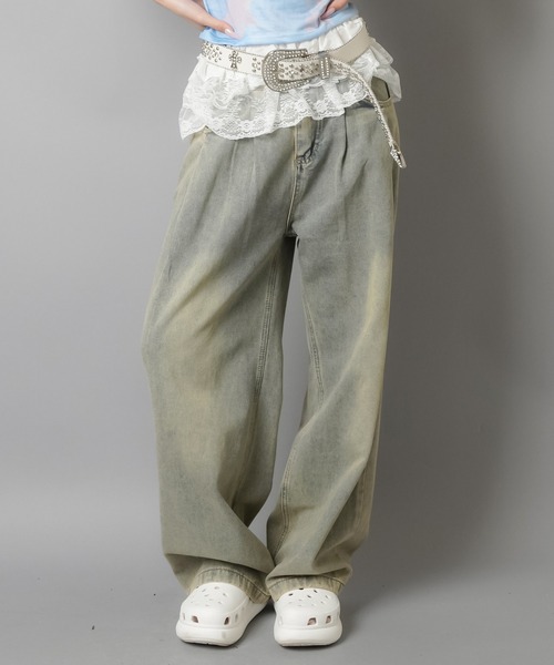 SPINNS(スピンズ)の「≪バレルシルエットパンツ≫ ヴィンテージライク オーバーダイワイドデニムパンツ/3サイズ展開(デニムパンツ・レディース・ブルー/ブラック/サックスブルー/ブルー系その他/ブラック×イエロー・S/M/XS)」の10枚目の写真