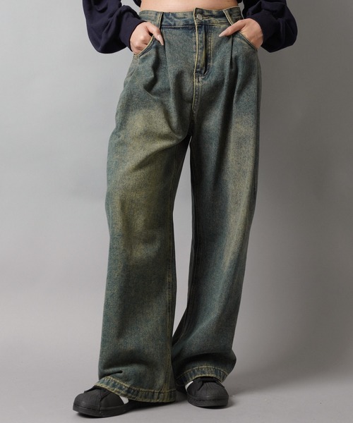 SPINNS(スピンズ)の「≪バレルシルエットパンツ≫ ヴィンテージライク オーバーダイワイドデニムパンツ/3サイズ展開(デニムパンツ・レディース・ブルー/ブラック/サックスブルー/ブルー系その他/ブラック×イエロー・S/M/XS)」の16枚目の写真