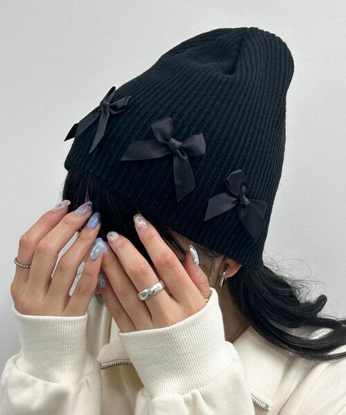 WEGO(ウィゴー)の「WEGO/リボンシングルニットワッチ(ニットキャップ/ビーニー・レディース・グレー/ブラック/ホワイト・FREE)」の1枚目の写真