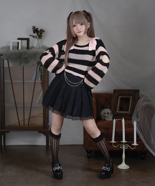 Pal elfy(パルエルフィー)の「ボーダー透かしニット(ニット/セーター・レディース・ピンク/ブラック・フリー)」の7枚目の写真