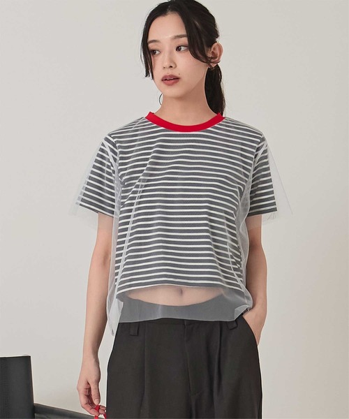 miette(ミエット)の「チュールレイヤードボーダーTシャツ(Tシャツ/カットソー・レディース・ブラック/ホワイト・FREE)」の2枚目の写真
