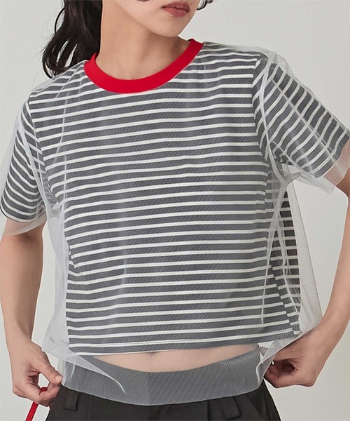 miette(ミエット)の「チュールレイヤードボーダーTシャツ(Tシャツ/カットソー・レディース・ブラック/ホワイト・FREE)」の3枚目の写真