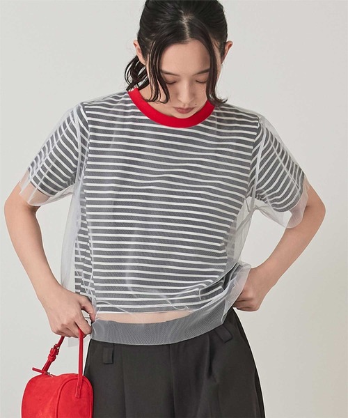 miette(ミエット)の「チュールレイヤードボーダーTシャツ(Tシャツ/カットソー・レディース・ブラック/ホワイト・FREE)」の5枚目の写真