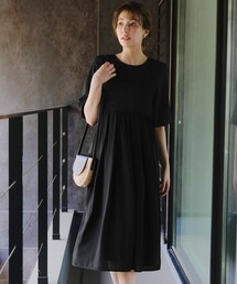 シャーリングパフスリーブシアーワンピース