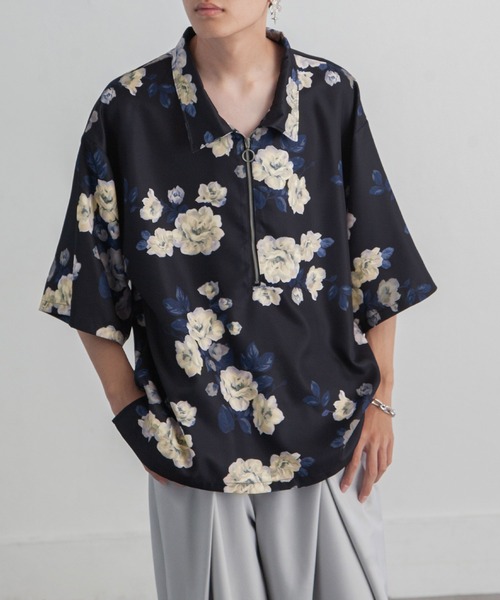 ZIP FIVE（ジップファイブ）の「【ZIP FIVE】ポリシャンブレー ルーズ ハーフジップ 半袖 カットソー（ポロシャツ・メンズ・ブラック/グレイッシュベージュ/ブルー系/チャコール/オフホワイト/インディゴブルー・LARGE/MEDIUM/X-LARGE）」の6枚目の写真