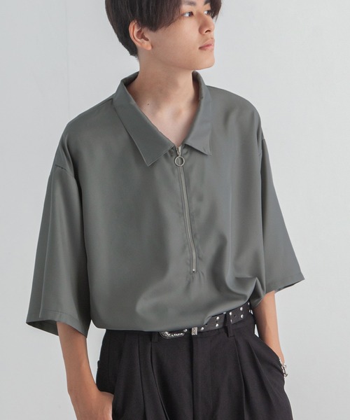 ZIP FIVE（ジップファイブ）の「【ZIP FIVE】ポリシャンブレー ルーズ ハーフジップ 半袖 カットソー（ポロシャツ・メンズ・ブラック/グレイッシュベージュ/ブルー系/チャコール/オフホワイト/インディゴブルー・LARGE/MEDIUM/X-LARGE）」の3枚目の写真