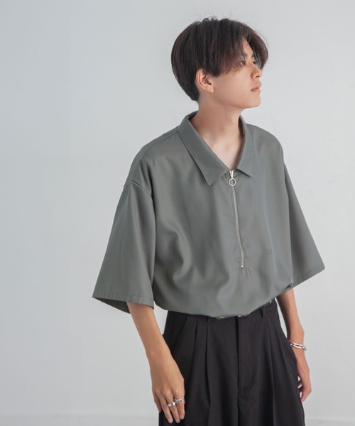 ZIP FIVE（ジップファイブ）の「【ZIP FIVE】ポリシャンブレー ルーズ ハーフジップ 半袖 カットソー（ポロシャツ・メンズ・ブラック/グレイッシュベージュ/ブルー系/チャコール/オフホワイト/インディゴブルー・LARGE/MEDIUM/X-LARGE）」の20枚目の写真