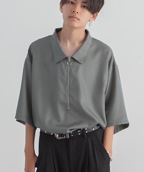 ZIP FIVE（ジップファイブ）の「【ZIP FIVE】ポリシャンブレー ルーズ ハーフジップ 半袖 カットソー（ポロシャツ・メンズ・ブラック/グレイッシュベージュ/ブルー系/チャコール/オフホワイト/インディゴブルー・LARGE/MEDIUM/X-LARGE）」の19枚目の写真