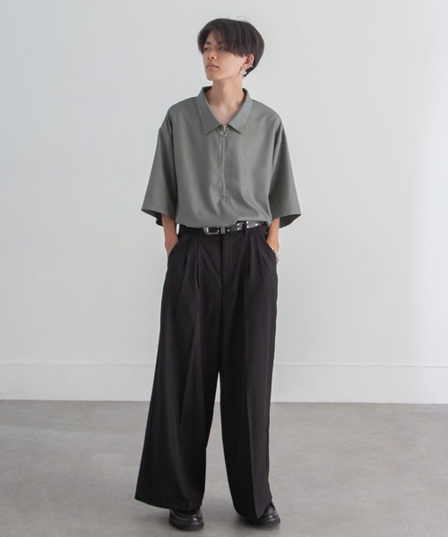 ZIP FIVE（ジップファイブ）の「【ZIP FIVE】ポリシャンブレー ルーズ ハーフジップ 半袖 カットソー（ポロシャツ・メンズ・ブラック/グレイッシュベージュ/ブルー系/チャコール/オフホワイト/インディゴブルー・LARGE/MEDIUM/X-LARGE）」の21枚目の写真